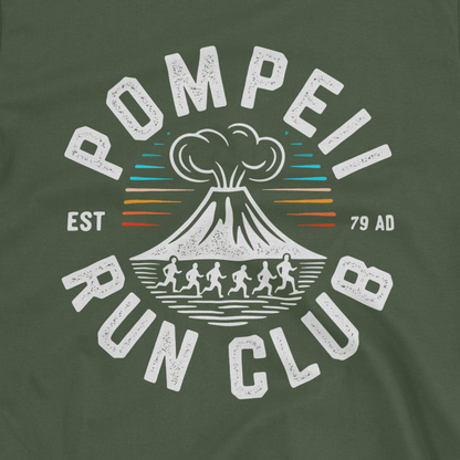 Green t-shirt with Pompeii Run Club graphic on a transparent background