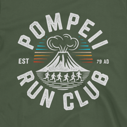 Green t-shirt with Pompeii Run Club graphic on a transparent background